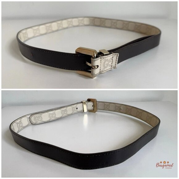 Authentic Gucci Cream Monogram Leather Gold Buckle Belt 85/34 - Picture 5 of 13